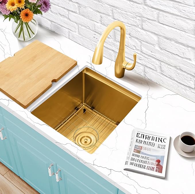 15 Inch Gold Sink Undermount, 16 Gauge 304 Stainless Steel Workstaion Kitchen Sinks with Ledge & Accessories, 15" x 17" x10" Deep Bowl For Outdoor, RV,Prep Sink, and Wet Bar