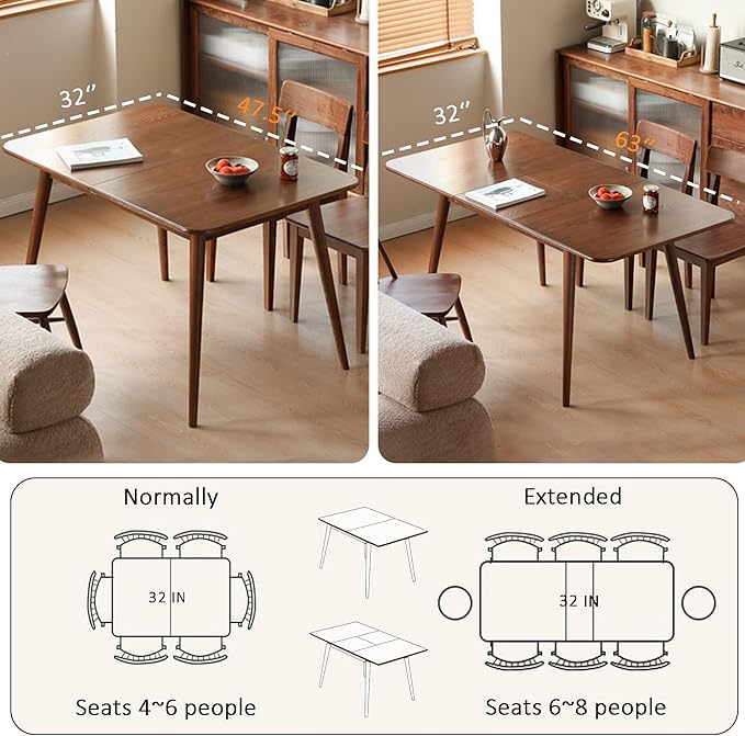 Solid Oak Extendable Dining Table for 4-6 People, 47.2 to 63 Inch, Seamless Expansion, Diagonal Legs, Farmhouse Kitchen Table for Small Spaces (Walnut)
