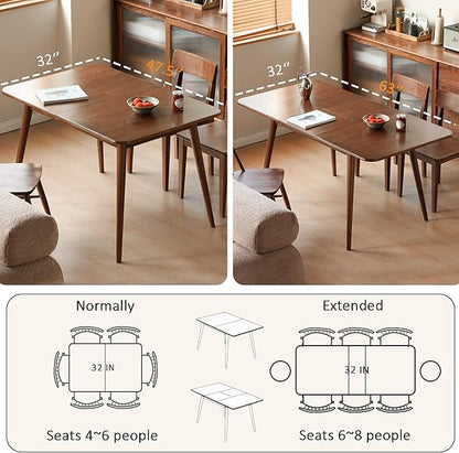 Solid Oak Extendable Dining Table for 4-6 People, 47.2 to 63 Inch, Seamless Expansion, Diagonal Legs, Farmhouse Kitchen Table for Small Spaces (Walnut)