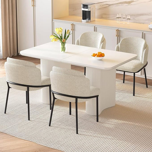 Miuuod 55 Inch Rectangular Dining Table Set, Cream White Modern Kitchen Table with Textured Double Pedestal Legs, Thick Tabletop with 4 Ergonomic Upholstered Chairs for Small Apartment Dining Room