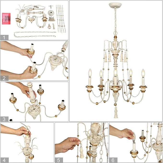 LALUZ Farmhouse Chandelier, 5-Light Distressed Wood Chandeliers for Dining Room, French Country Lighting Lights Fixtures with Bead Strings, 21.5" L x 30" H