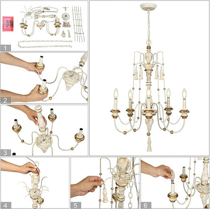 LALUZ Farmhouse Chandelier, 5-Light Distressed Wood Chandeliers for Dining Room, French Country Lighting Lights Fixtures with Bead Strings, 21.5" L x 30" H