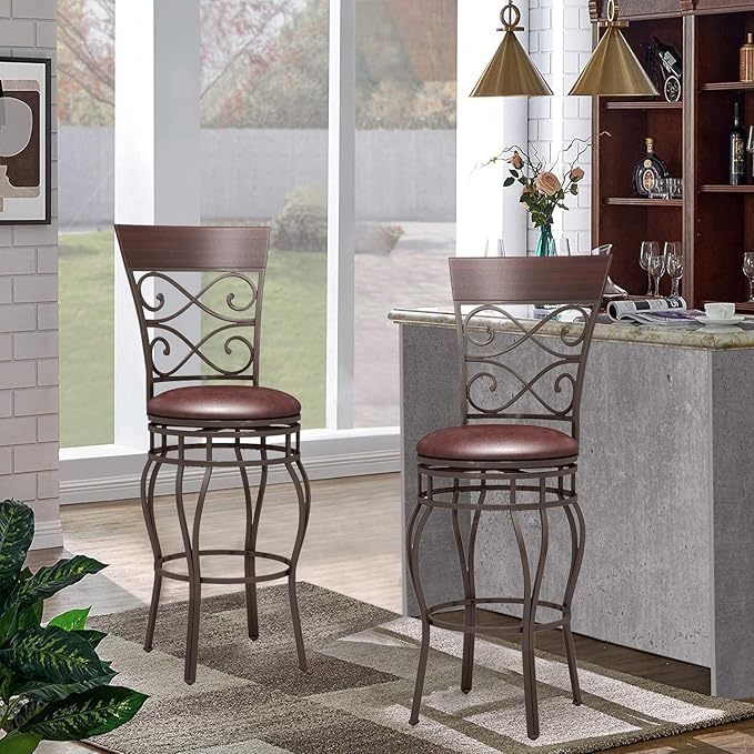 WATERJOY Retro Bar Chairs Set of 2, 360 Degree Swivel Padded Bar Stools Leather Seat Bistro Dining Kitchen Pub Metal Chairs