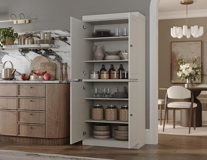Palace Imports Solid Wood Kitchen Pantry Cabinet - 71.5" Tall x 32" Wide - Wooden Storage Cabinet with 4 Raised Panel Doors & Adjustable Shelves, Off White, Renewable Eco-Friendly, Modular Cabinets