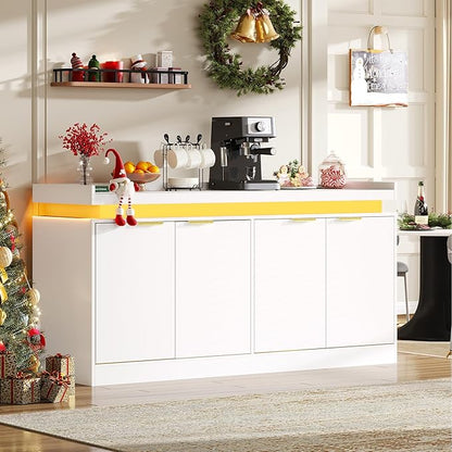 UNIQUITE 63" Sideboard Buffet Cabinet, Kitchen Buffet Cabinet Storage Cabinets with Power Outlets & LED Light, Modern Sideboard Coffee Bar Buffet Cabinets for Kitchen, Dinning, Living Room