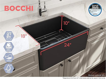 BOCCHI Classico Farmhouse Apron Front Fireclay 24 in. Single Bowl Kitchen Sink with Protective Bottom Grid and Strainer in M.Dark Gray