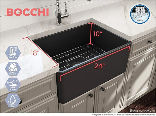 BOCCHI Classico Farmhouse Apron Front Fireclay 24 in. Single Bowl Kitchen Sink with Protective Bottom Grid and Strainer in M.Dark Gray