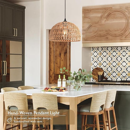 Brown Rattan Light Fixture 15ft Plug In Pendant Light Woven Pendant Light Boho Chandelier Wicker Pendant Light Boho Pendant Light Plug In for Dining Room Kitchen Island Bedroom(Bulb Incl.)
