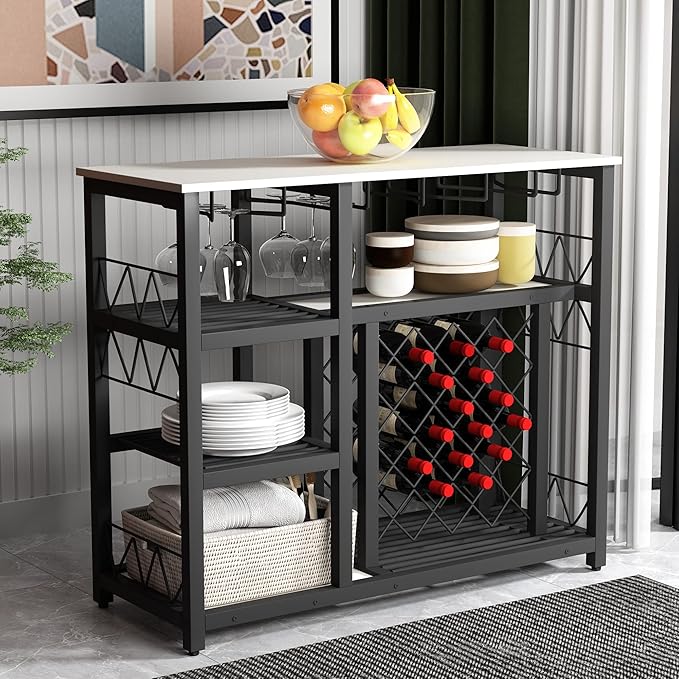 5-Piece Metal Dining Room Furniture Set with Marble Dining Table and 2 Stools/1 Kitchen Island/1 Wine Rack Table, Ideal for Small Small Apartment, Studio (Black + Metal-1)