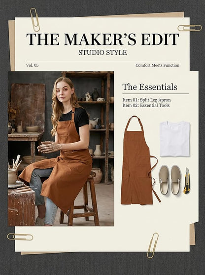 Molaxhome Split Apron with 3 Pockets,Unisex Pottery Apron with Adjustable Strap for Kitchen Ceramics