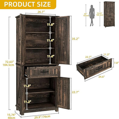 DWVO 72" Tall Farmhouse Pantry Cabinet, Kitchen Storage Pantry with Barn Doors & Drawer, Versatile Organizer with Adjustable Shelves, Rustic Cupboard for Dining Room, Living Room, Dark Rustic Oak