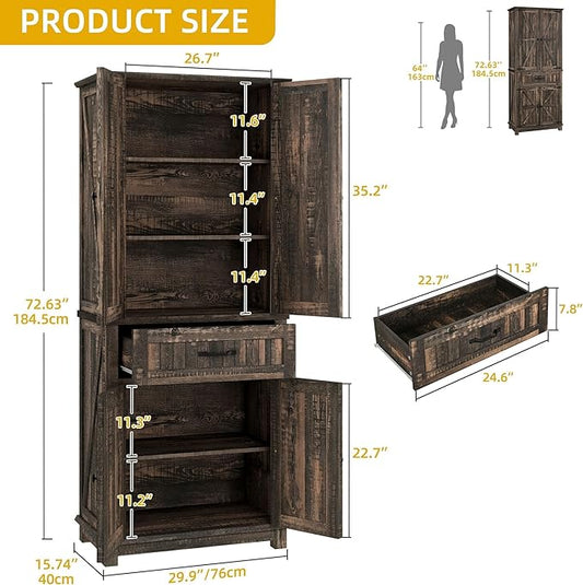 DWVO 72" Tall Farmhouse Pantry Cabinet, Kitchen Storage Pantry with Barn Doors & Drawer, Versatile Organizer with Adjustable Shelves, Rustic Cupboard for Dining Room, Living Room, Dark Rustic Oak