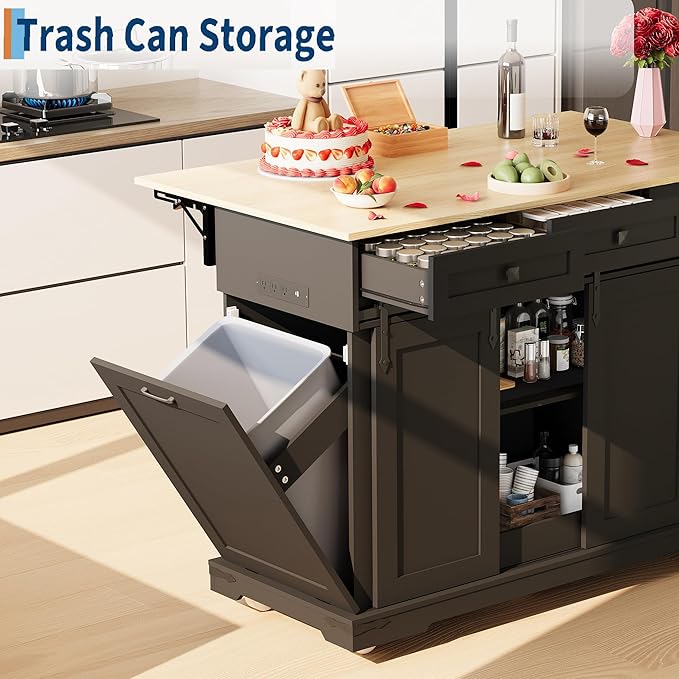 Large Rolling Kitchen Island with Power Outlet, Mobile Kitchen Cart on Wheels with Drop Leaf, 3 Drawers, Trash Can Storage, Spice Rack, Towel Holder, Kitchen Island Table for Dining Room, Home, Black