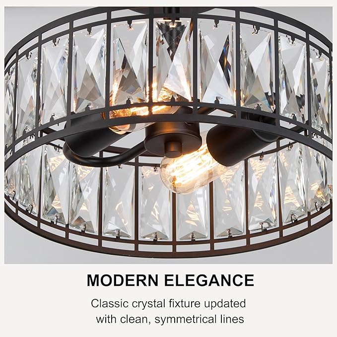 KSANA Modern Farmhouse Crystal Semi Flush Mount Ceiling Light Fixture with Drum Glass Shade for Bedroom, Hallway, Kitchen, Dining & Living Room, Foyer and Bathroom