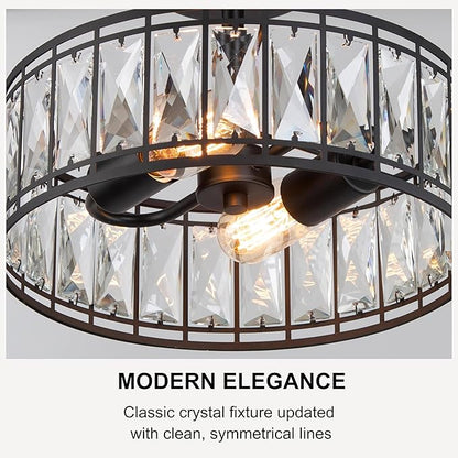 KSANA Modern Farmhouse Crystal Semi Flush Mount Ceiling Light Fixture with Drum Glass Shade for Bedroom, Hallway, Kitchen, Dining & Living Room, Foyer and Bathroom