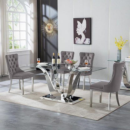 Luxury Silver Glass Dining Table for 6-8 Modern 70-Inch Rectangular Kitchen & Dining Room Table with Double U-Shape Stainless Steel Base Large Clear Glass Top Dining Table for Home Office