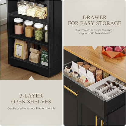 DWVO Large Kitchen Island with Trash Can Cabinet, 53 Inch Kitchen Island on Wheels, Rolling Island with Tilt-Out Garbage Storage Fits 13 Gallon Bin, Spice Rack and Drawer, for Dining Room, Black