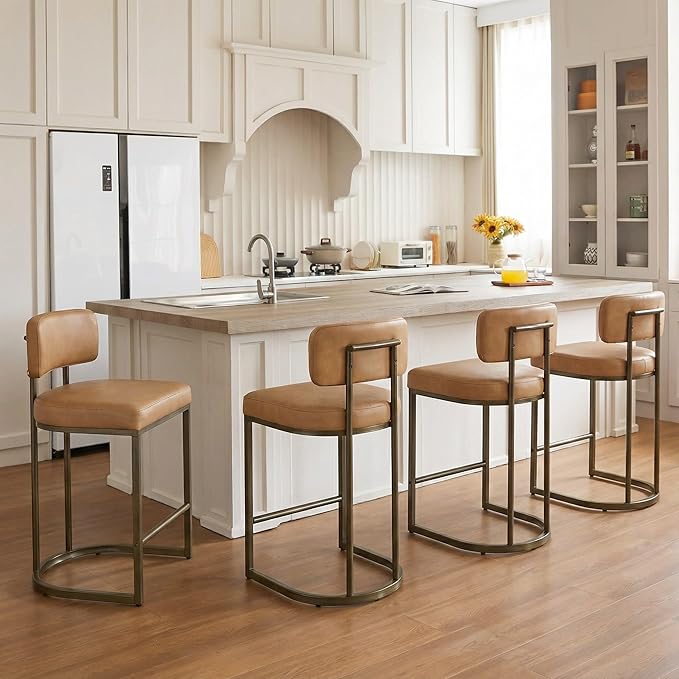 26" H Counter Height Bar Stools Set of 3, Modern Faux Leather Upholstered Barstools with Backrest for Kitchen Island, Gold Metal Frames, Brown