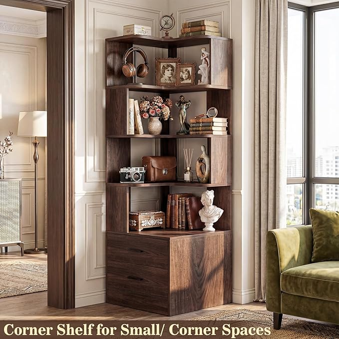 Armocity Corner Bookshelf with Drawers, 7 Tier Corner Book Shelf Display Bookcase, Freestanding L Shaped Bookshelf for Bedroom, Living Room, Home Office, Black Walnut