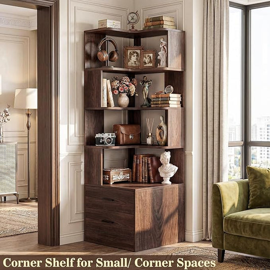 Armocity Corner Bookshelf with Drawers, 7 Tier Corner Book Shelf Display Bookcase, Freestanding L Shaped Bookshelf for Bedroom, Living Room, Home Office, Black Walnut