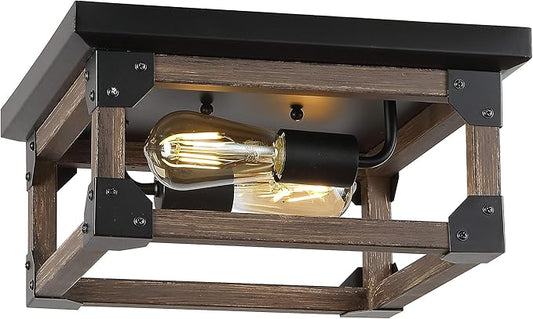 JONATHAN Y 13" Brown/Black 2-Light Iron Flush Mount, Square Open Frame Rustic Farmhouse Ceiling Light for Kitchen, Barnwood Finish, UL Listed, LED Bulbs Included JYL7480A