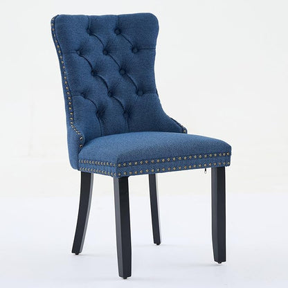 Ball & Cast Contemporary Upholstered Dining Chairs Set of 2, Flax Button Tufted Kitchen Side-Chairs with Hang Ring & Nailhead Trims & Wood Legs, 2-Piece Backrest Traditional Chair, Black+Blue