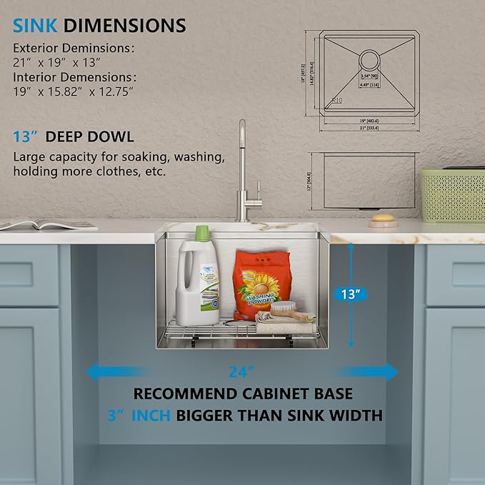 21"x19" Undermount Laundry Utility Sink Workstation – 16 Gauge 304 Stainless Steel, 13 Inch Deep Single Bowl Under Counter Sink Basin for Laundry Room, RV or Utility Use