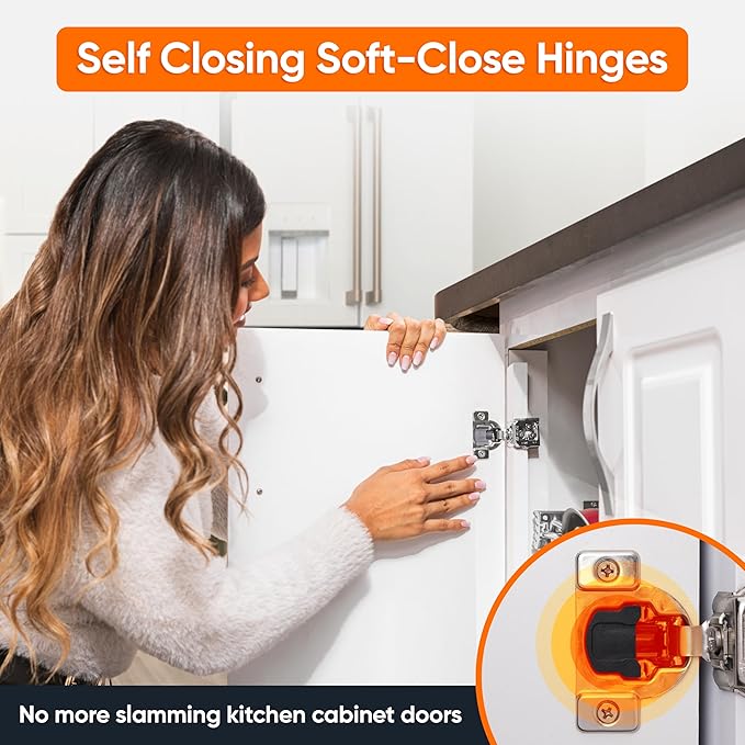 Decobasics 20 Pack Soft Close Cabinet Hinges – 1" Overlay for Kitchen Cabinet Doors, Face Frame Concealed Hidden Hinges – Stainless Steel, Self-Closing with 3-Way Adjustment & Slow Close Damper