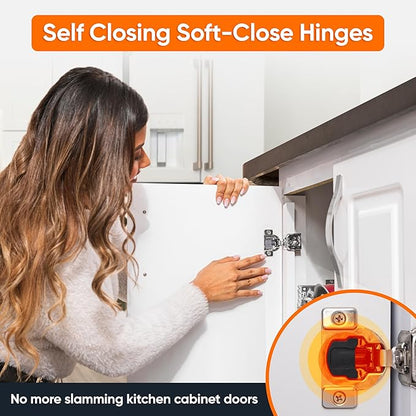 Decobasics 2 Pack Soft Close Cabinet Hinges 1-1/4" Overlay for Kitchen Cabinet Doors, Slow Self-Closing Concealed Hidden Hinges for Face Frame –Stainless Steel, 3-Way Adjustable & Quiet Close Damper
