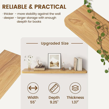 Reclaimed Elm Wood Floating Shelves for Wall Round Edge, 55"W x 9.2"D x 1.37"H, Set of 1 with Invisible Bracket, Wall Mounted Shelves for Living Room Bedroom Kitchen Bathroom Decor, Natural Finish