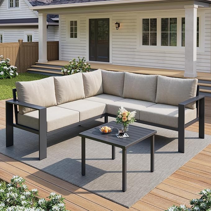 UDPATIO 6 Piece Patio Furniture Set, Metal Outdoor Sectional Sofa with 6" Thick Olefin Cushions, Wide Armrest & Coffee Table, L Shaped Outdoor Furniture for Garden, Backyard Beige