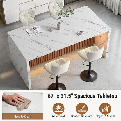 67" Kitchen Island Table Set with 4 Bar Stools, Faux Marble Top Island Table, Counter Height Dining Table Set for Kitchen & Dining Room