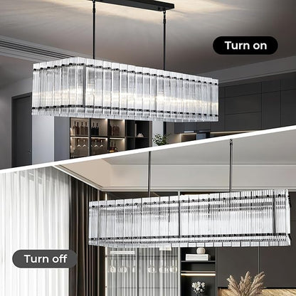 IKK Modern Rectangle Black Chandeliers for Dining Room, 40" Ribbed Glass Island Light Fixture, Linear Farmhouse Lighting with Adjustable Height for Kitchen Island, Living Room