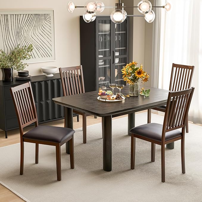Giantex Wooden Dining Chairs Set of 2, Upholstered Kitchen Chairs w/Slat Back, Wear-Resistant PVC Leather, Rubber Wood Legs, Farmhouse Dining Side Chairs for Dining Room, Living Room, Espresso