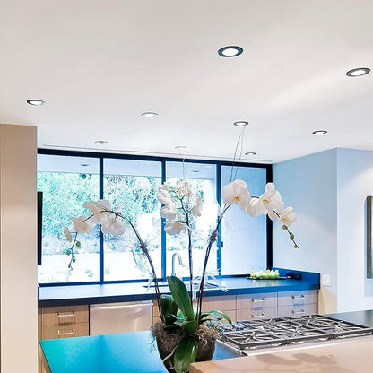 Maxxima 4 in. 5CCT Ultra Thin Recessed LED Downlight - Color Temperature Selectable 2700K/3000K/3500K/4000K/5000K, 700 Lumens, Dimmable Light Fixture with Black Trim, Canless with J-Box Included