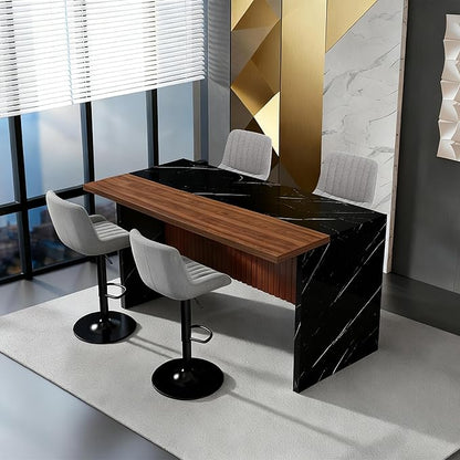 Runboll 63" Large Island Table Set with 4 Bar Stools, Modern Faux Marble Dining Table Set with Multi-Color LED Lights, Kitchen Island with Grille Design for Dining Room, Home, Office, Living Room