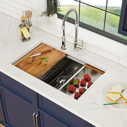 28 x 19 Inch Undermount Kitchen Sink 18 Gauge Stainless Steel Handmade Workstation Sink Round Corners Single Bowl Large Deep Under Counter Kitchen Sinks Basin, 28"x19"x9"