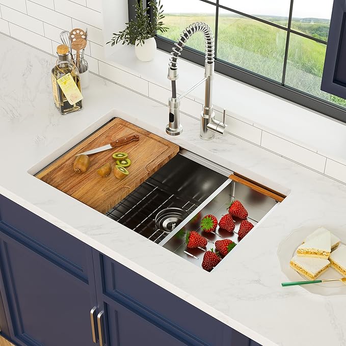 30 x 19 Inch Undermount Kitchen Sink 18 Gauge Stainless Steel Handmade Workstation Sink Round Corners Single Bowl Large Deep Under Counter Kitchen Sinks Basin, 30"x19"x9"