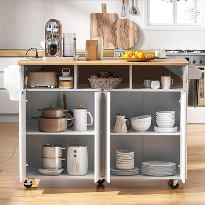 Modern Dining Table Kitchen Island with 2 Drop, Cart Power Outlet, 4 Doors Spice Rack, Rolling Table Faux Marble Top, Curved Edge Wood Console,White-MDF