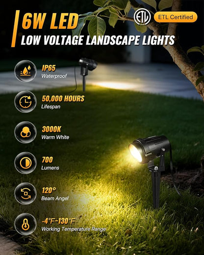 6W 700LM Low Voltage Landscape Lighting, 12V AC/DC 3000K Warm White LED Low Voltage Landscape Lights, IP65 Waterproof Outdoor Spotlights with Connectors for Garden Tree Yard 14Pack W01SLP1406