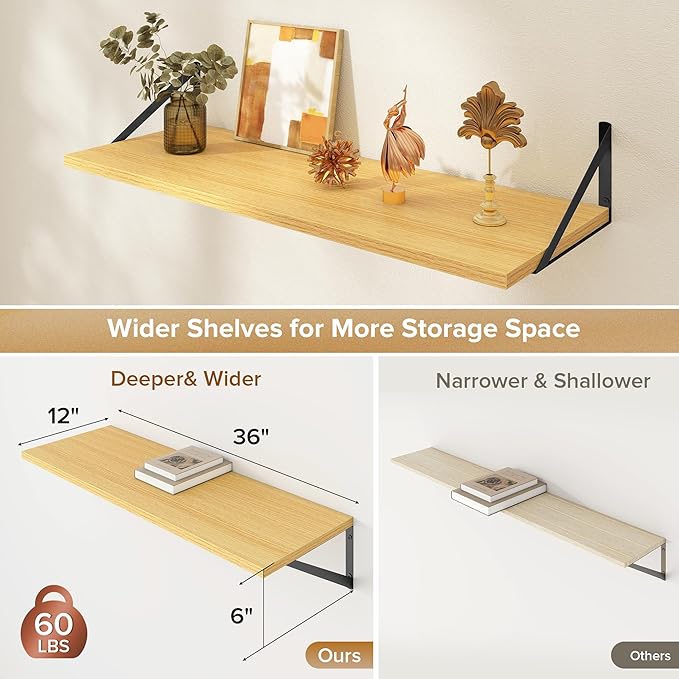 Acovy Deep Floating Shelves Wall Mounted, 36"x12" Oak Wall Shelves with Brackets Set of 2 for Bedroom, Living Room, Bathroom, Kitchen, Office - Storage & Display Shelf for Decor, Books, Plants
