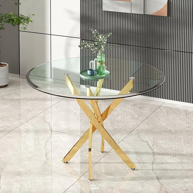 Modern Glass Dining Table Round Dining Room Table with Tempered Glass Top, Gold Stainless Steel Base Home Office Kitchen Dining Room Table Furniture, 36" D x 36" W x 30" H