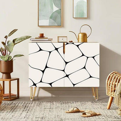 SIGNWIN Sideboard Buffet Cabinet, Kitchen Storage Cabinet with 2 Doors, Black & White Pebble Tile Patterns, Cupboard Console Table for Dining Room - 35" L x 18" W x 29" H
