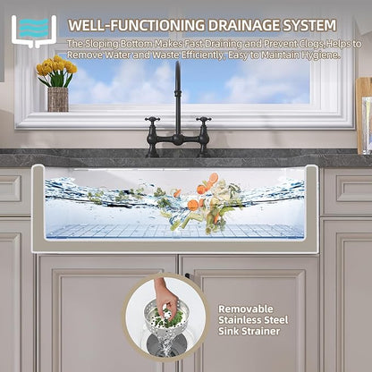GETPRO White Farmhouse Kitchen Sink 30 inch Fireclay Apron Front Farm Sink Undermount Single Bowl Reversible Farmer House Style Kitchen Basin with Modern Accessories