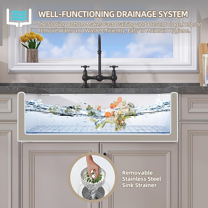 GETPRO Farmhouse Sink 33 Inch Fireclay White Kitchen Sink Apron Front Farm House Large Deep Single Bowl Undermount Modern Luxury Kitchen Basin Easy to Clean