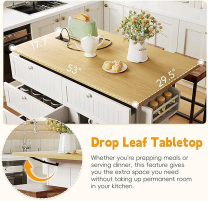 Farmhouse Kitchen Island with Drop Leaf and 2 Seatings, Kitchen Table Set with Storage Cabinet, Drawers, Door Shelves and Power Outlet, White+Rustic Brown