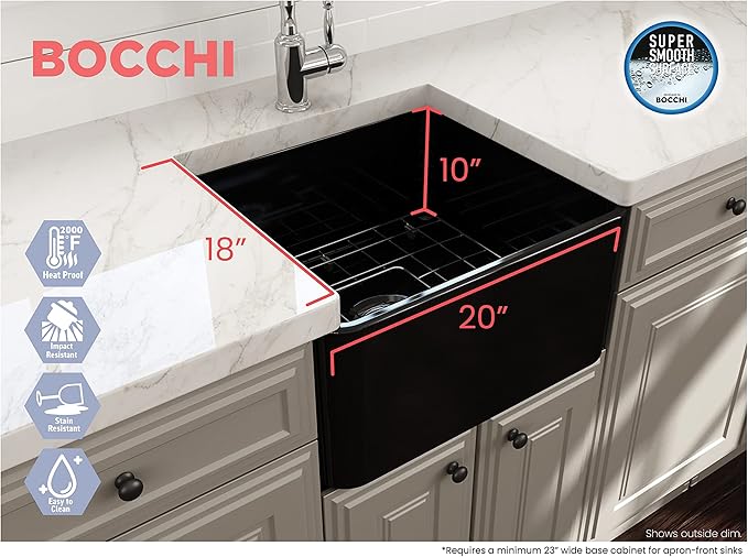 BOCCHI Classico Farmhouse Apron Front Fireclay 20 in. Single Bowl Kitchen Sink with Protective Bottom Grid and Strainer in Black