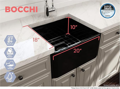 BOCCHI Classico Farmhouse Apron Front Fireclay 20 in. Single Bowl Kitchen Sink with Protective Bottom Grid and Strainer in Black