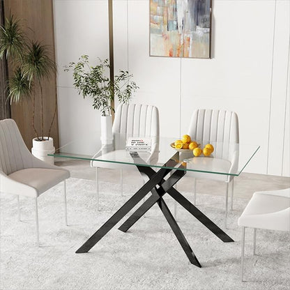51.18" Rectangular Glass Dining Table, Tempered Glass Kitchen Tabe with Metal Legs, Stylish and Sturdy Dinner Table for Home and Outdoor Dining (Black, 51.18'')