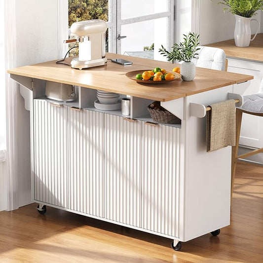 Modern Dining Table Kitchen Island with 2 Drop, Cart Power Outlet, 4 Doors Spice Rack, Rolling Table Faux Marble Top, Curved Edge Wood Console,White-MDF